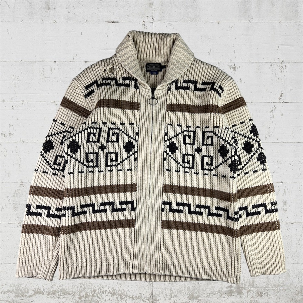 Pendleton Westerly Cowichan Sweater Mens L Cream Geometric Big Lebowski The Dude